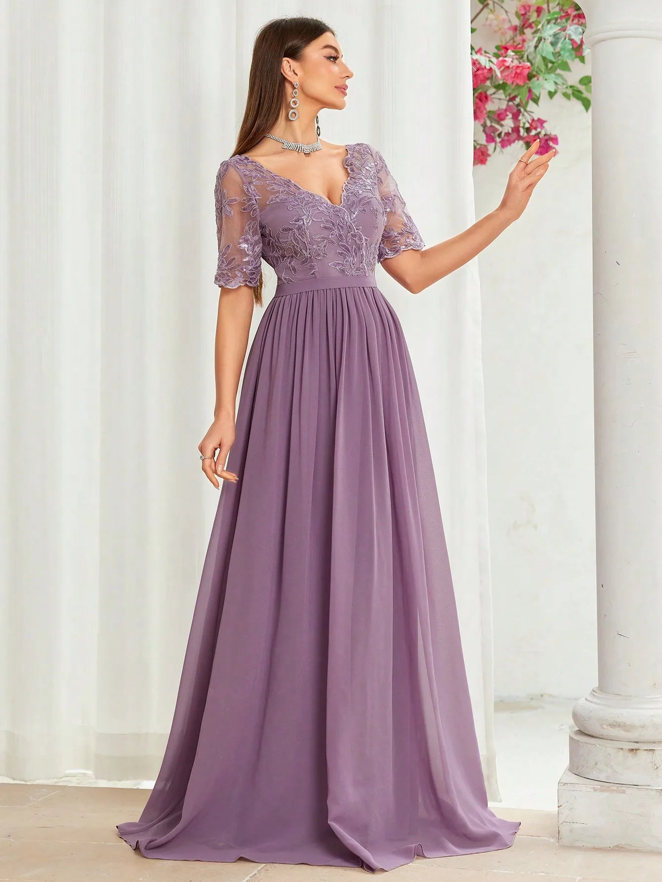 V-Neck Lace Chiffon Evening Dress