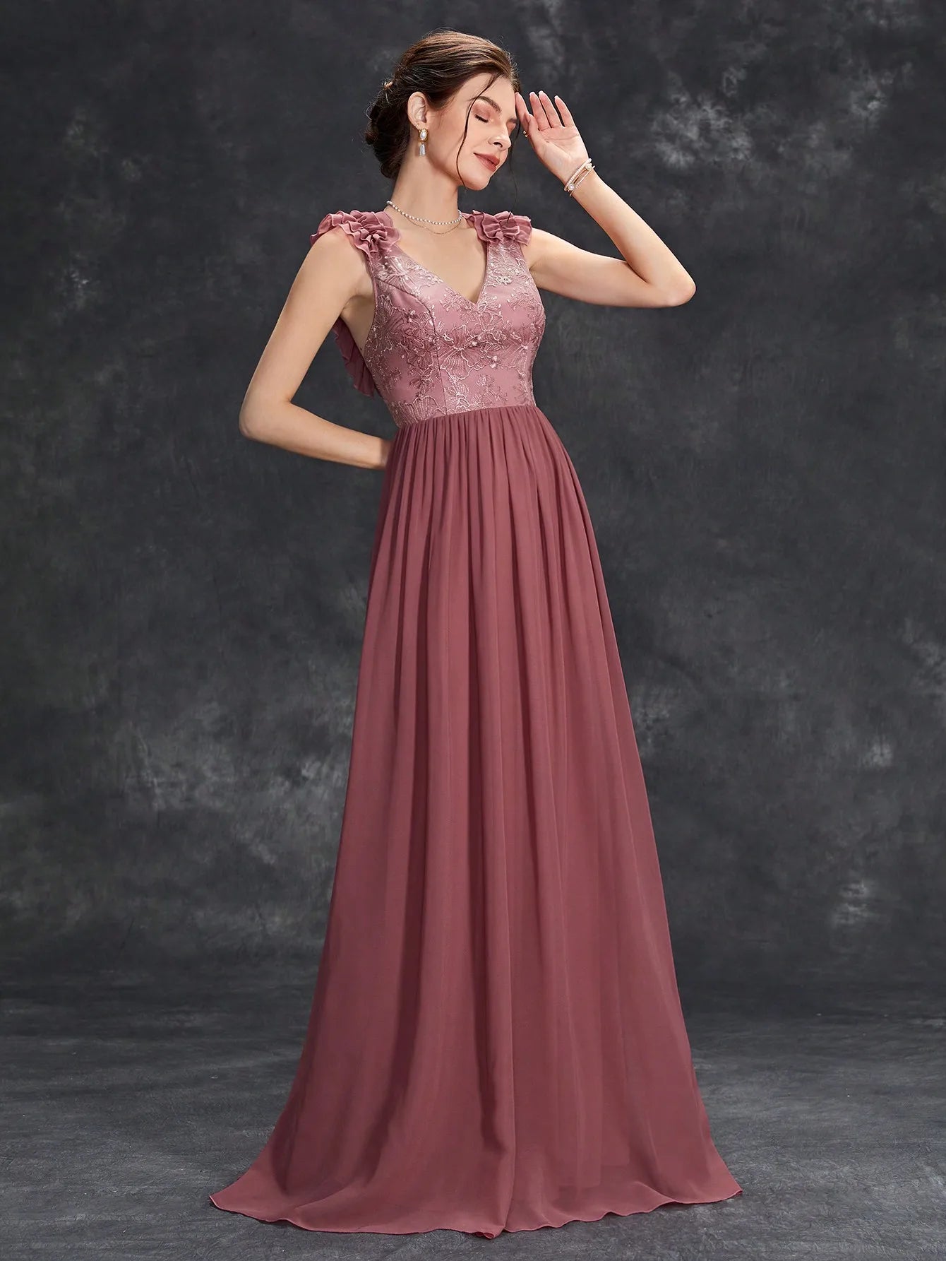 V-Neck Embroidered Chiffon Maxi Dress