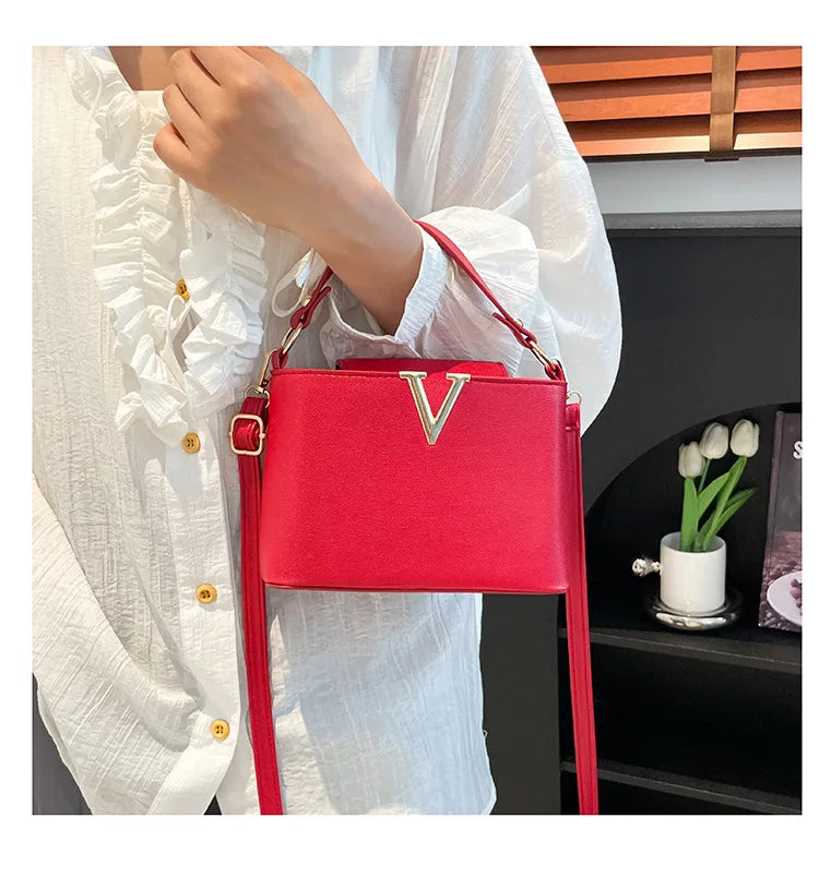 V-Shaped PU Leather Bucket Bag