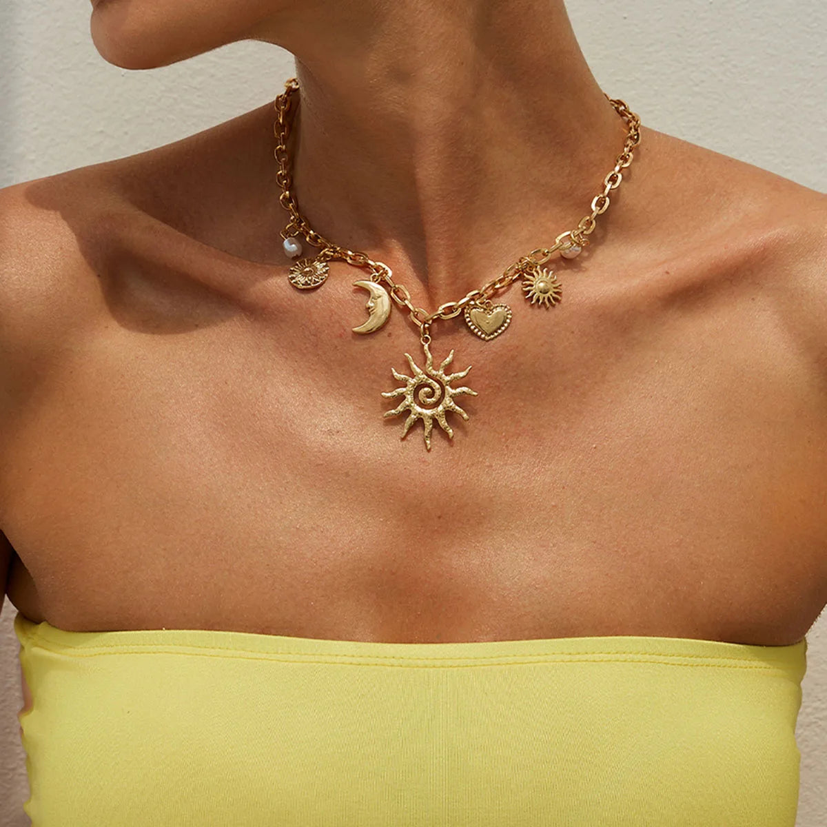 Heart Sun Moon Pendant Necklace
