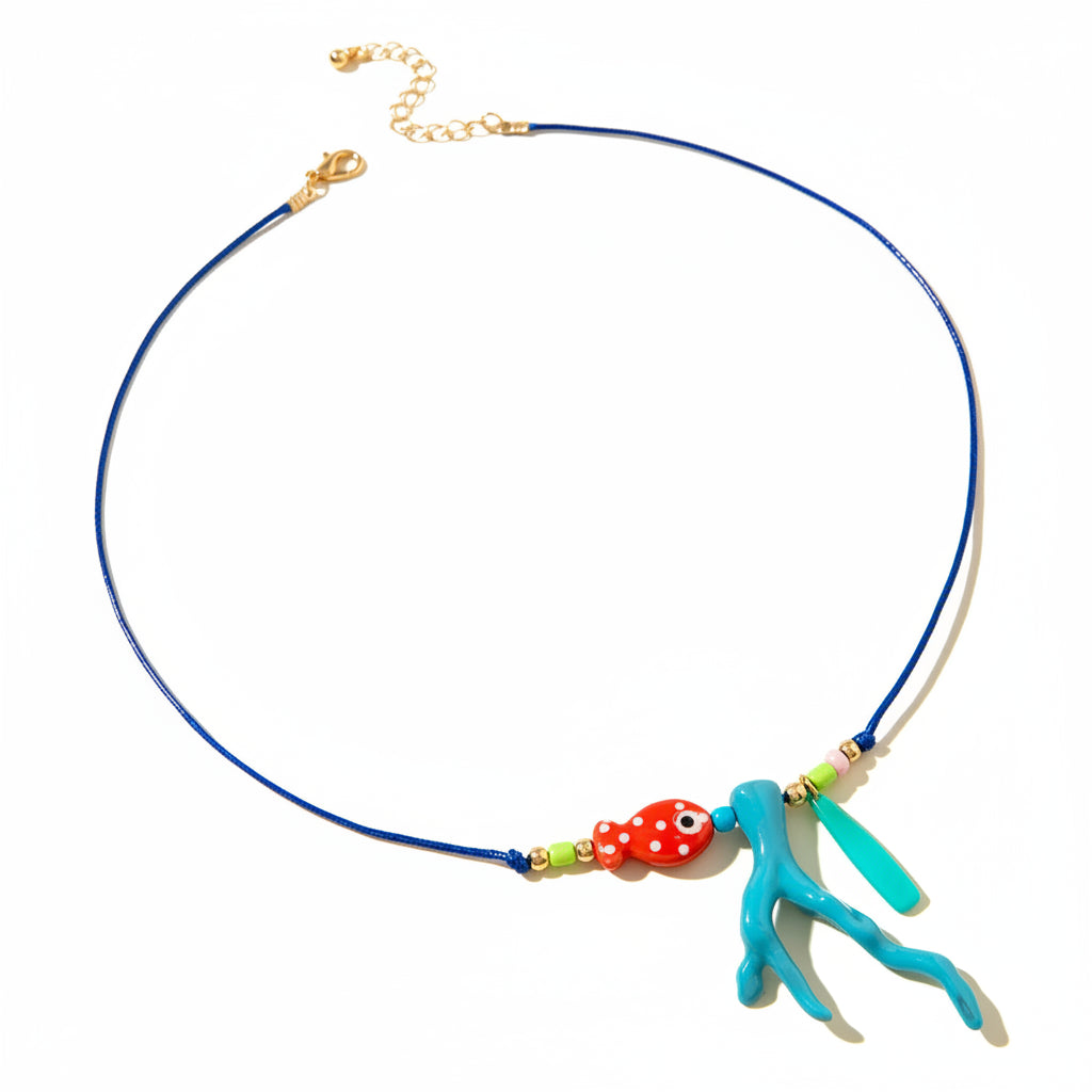 New Ocean Fish Coral Pendant Necklace Boho Colorful Handmade Braided Rope Adjustable Women Vacation Party Jewelry