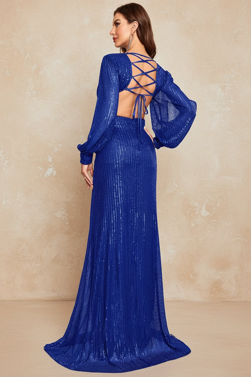 Elegant Long Sleeve Sequins Bue Evening Dress