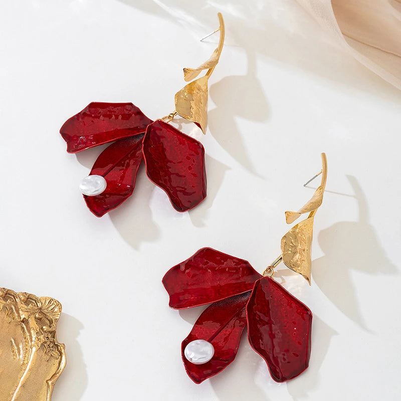 Vintage Red Drip Oil Flower Long Tassel Pendant Earrings