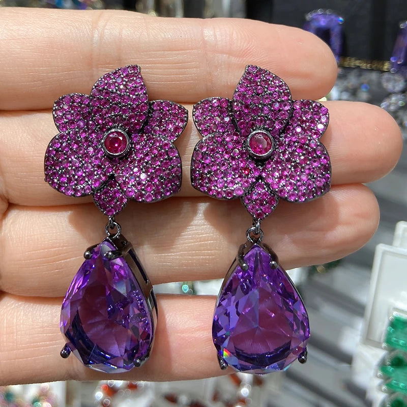 Colorful Purple Green Dangle Earrings for Women Luxury Jewelry Wedding Evening Party Big Drop Earrings Elegant Female Gift