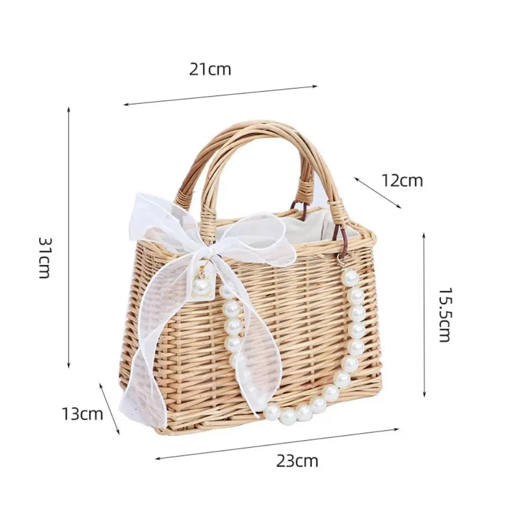 Handwoven Straw Tote Bag with Pearl Handle