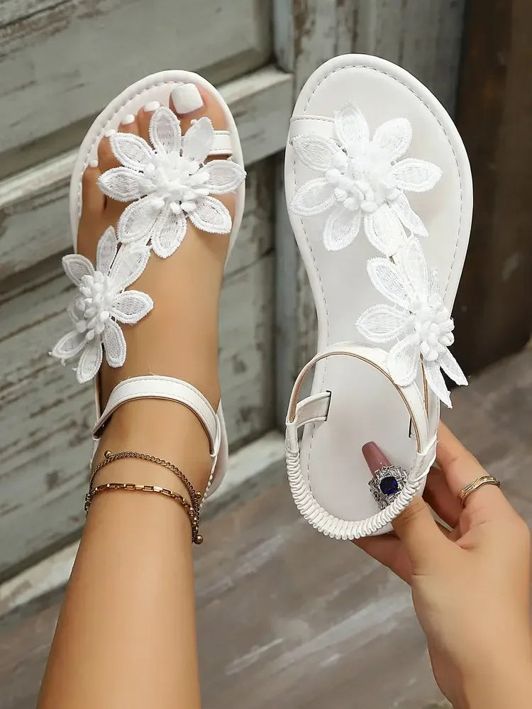 Summer Retro Elegant Sandals Floral Decorative Flat Bottom Sandals