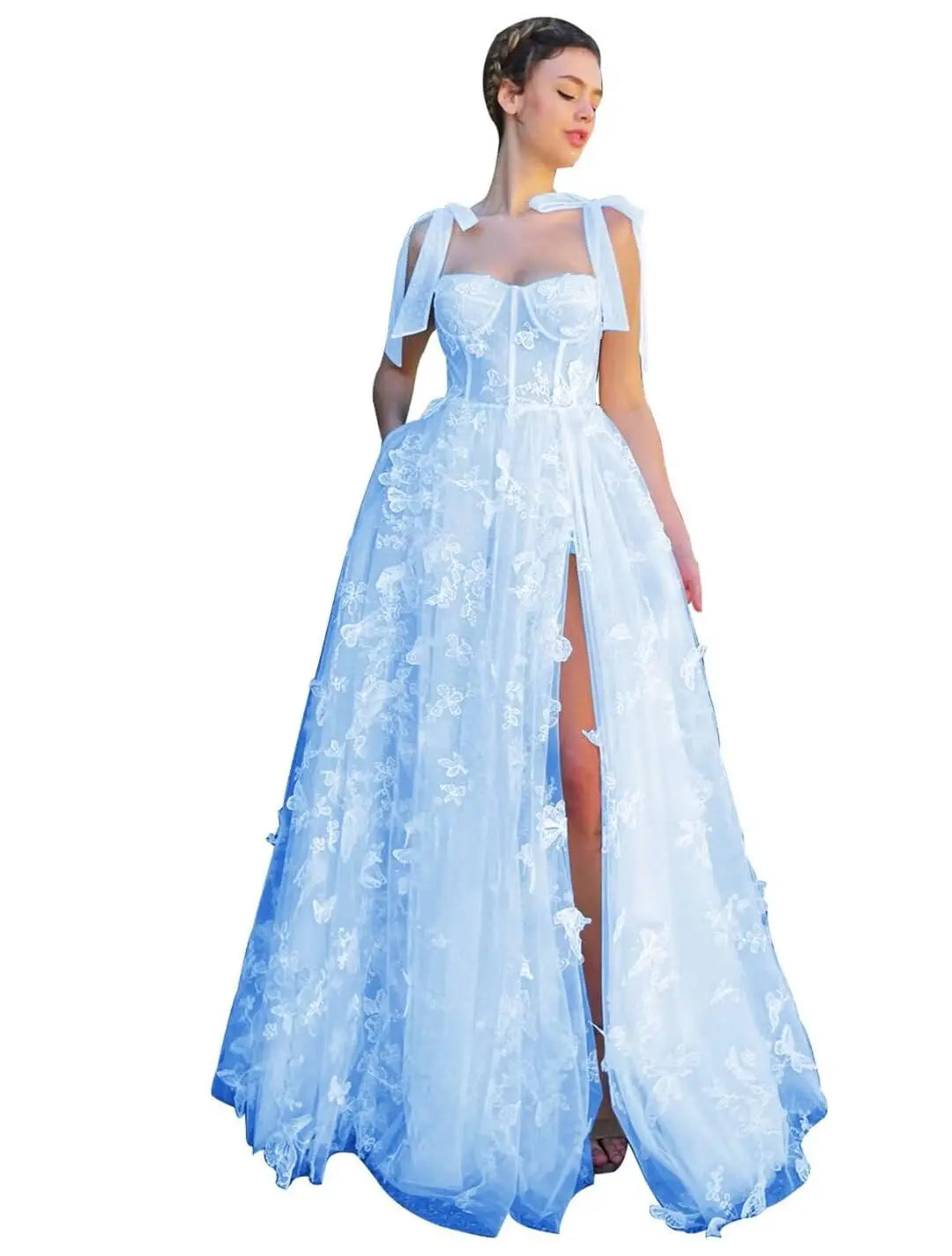 3D Butterfly Tulle Corset Prom Dresses for Teens Formal Fairy Ball Gowns Spaghetti Straps Evening Gown with Slit Party Dresses
