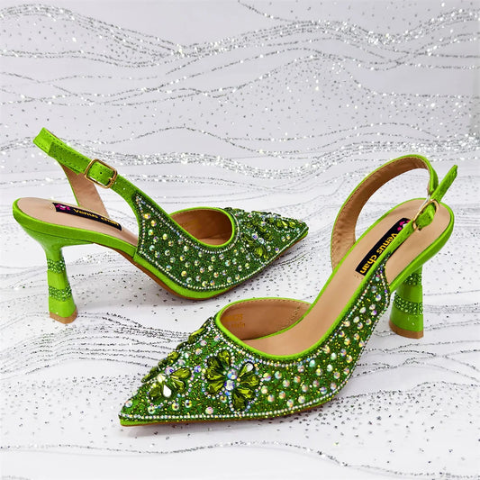 Gold Pointed Toe Rhinestone Heels & Bag Set, Sparkly