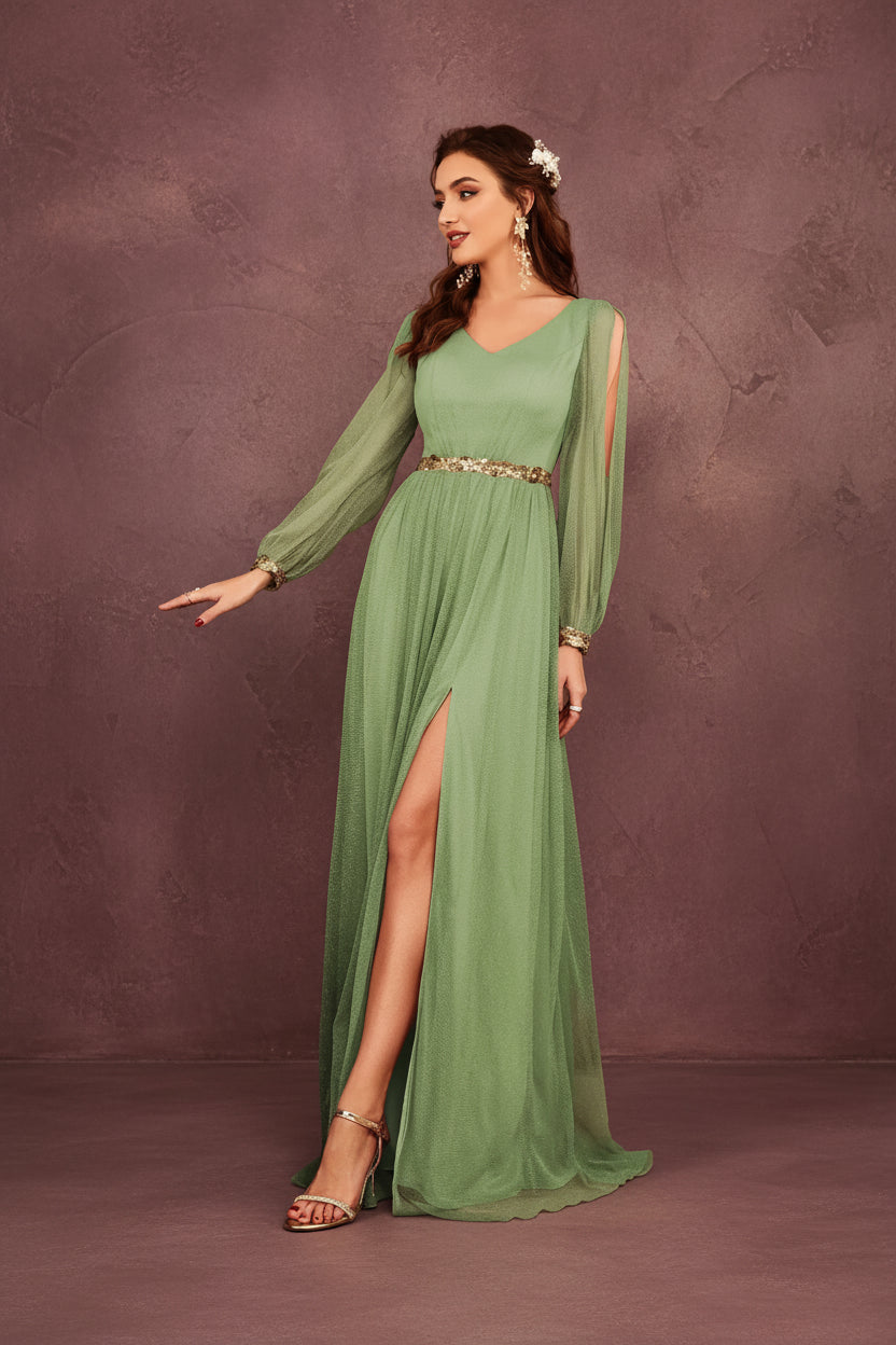 V-Neck Appliqué Slit Evening Gown