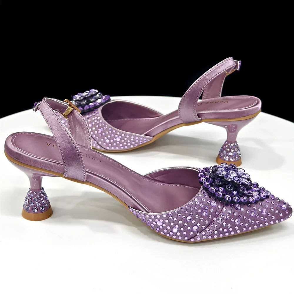 Venus Chan Blue Color Rhinestone Comfortable high heel shoe And Bag Fashion Style Pointed-Toe Shoes For Women Or Commuting Shoes