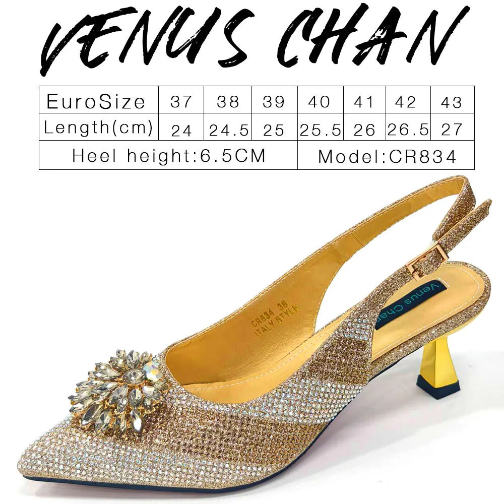 Venus Chan 2026 Italian Luxury Rhinestone Wine Pointed Toe High Heels with Matching Bag Set – Ideal for Parties and Special