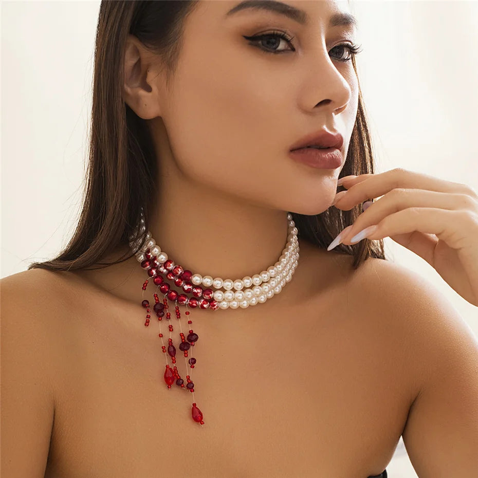 Gothic Red Crystal Tassel Necklace