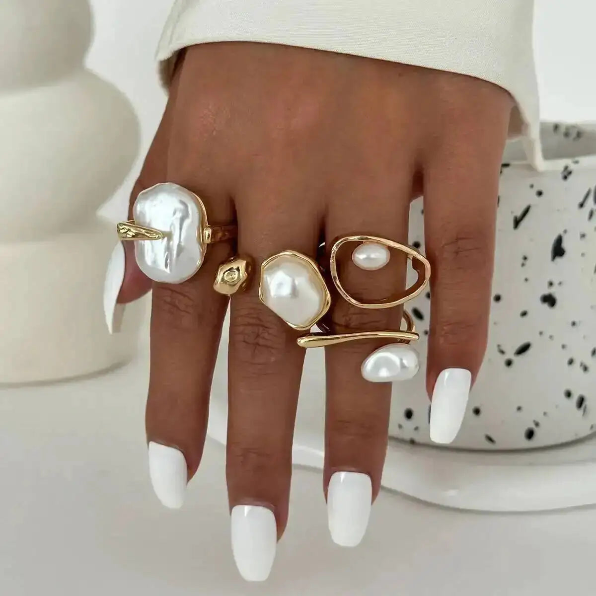 Baroque Imitation Pearl Open Rings Set Elegant Irregular Gold