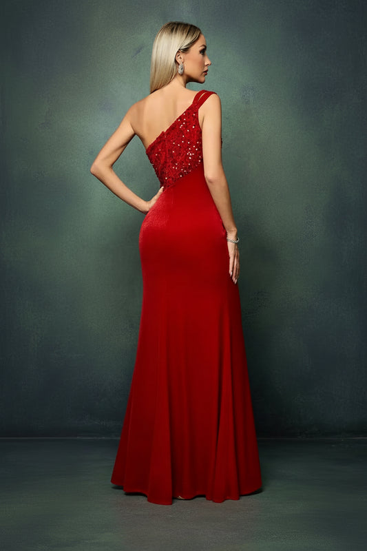 One Shoulder Mesh Insert Bright One-sided Plate Split Fishtail Skirt