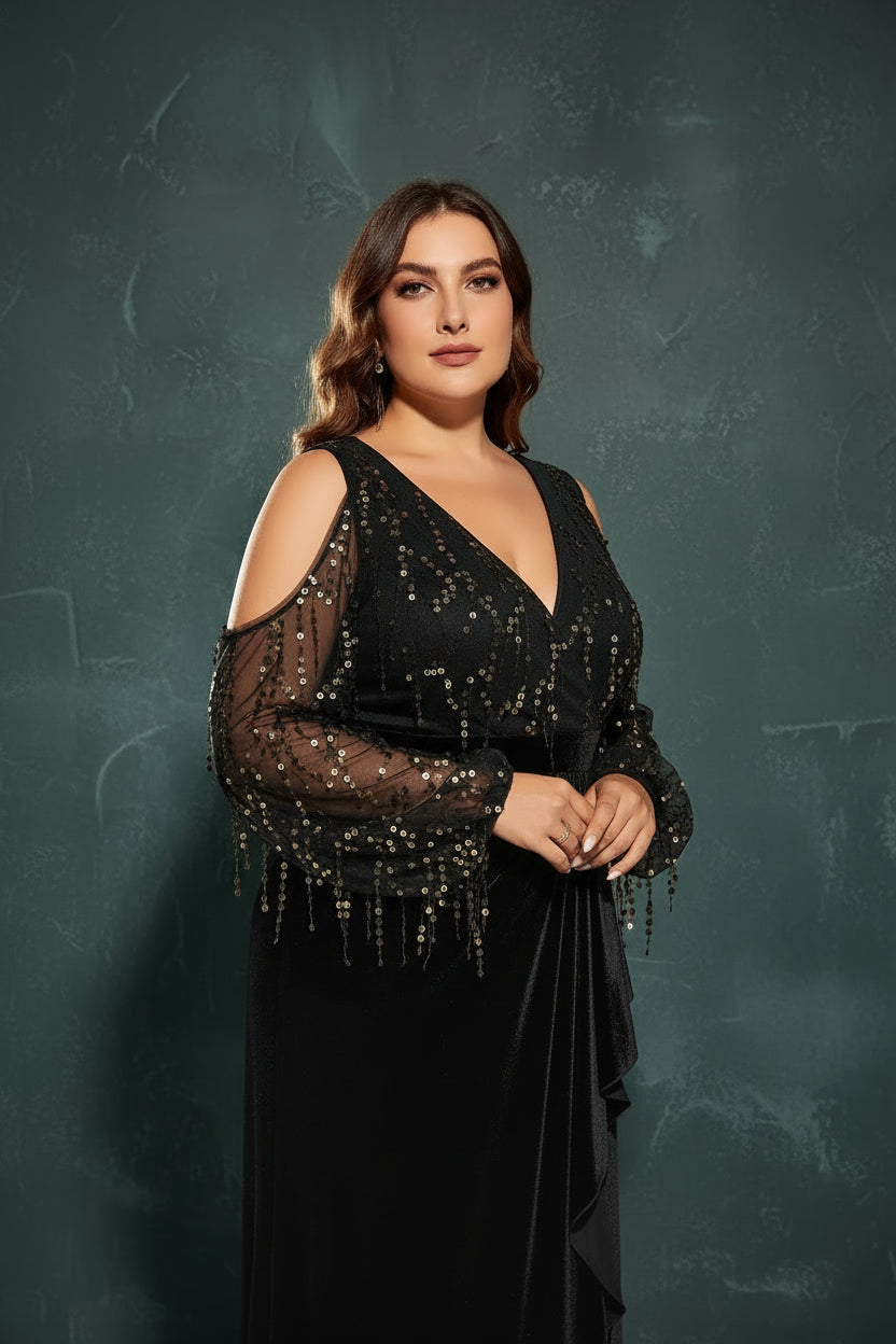 Deep V Cross Neck Off-the-shoulder Sequin Splicing Velvet Irregular Lotus Leaf Matching Slit Dress