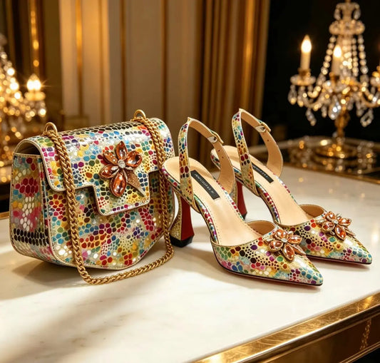 Elegant Rhinestone Heels & Matching Bag Set, Colorful Print