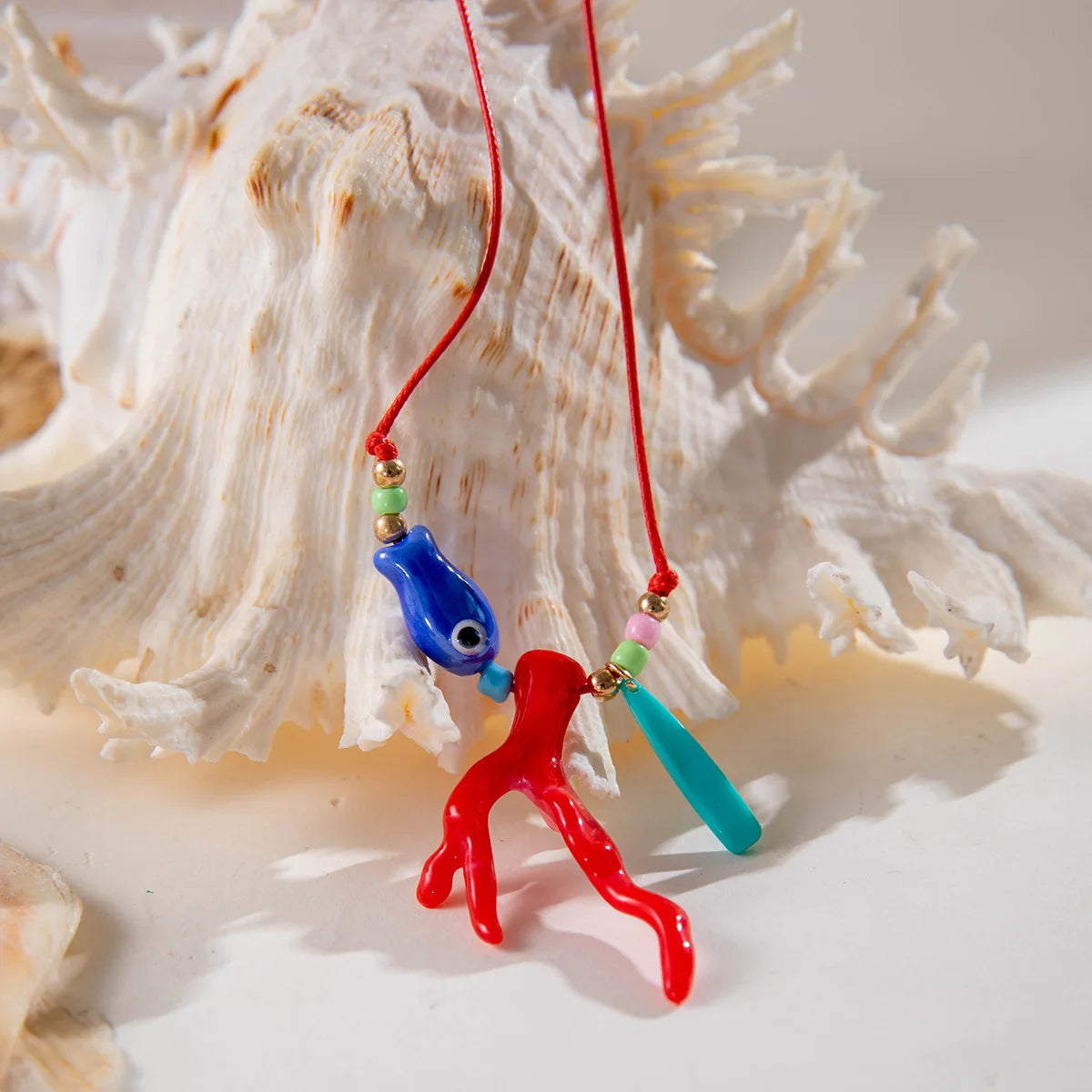 New Ocean Fish Coral Pendant Necklace Boho Colorful Handmade Braided Rope Adjustable Women Vacation Party Jewelry