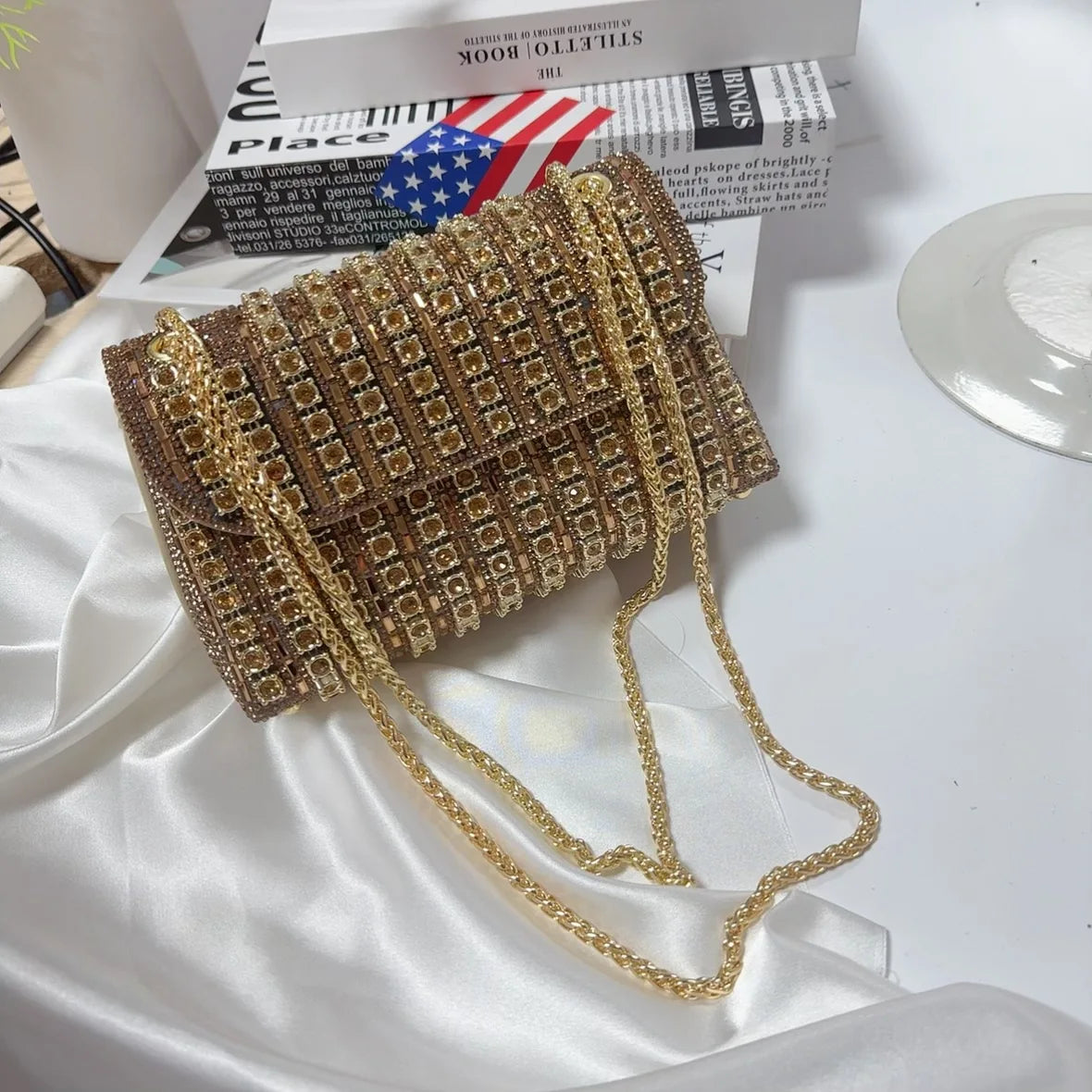 Full Rhinestone Evening Clutch Bag Luxury Leather Chain Handbag