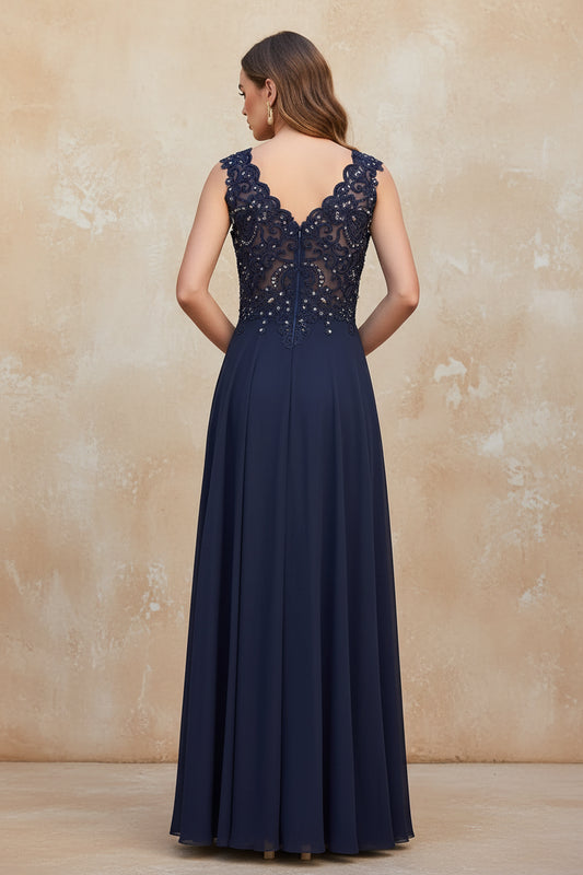 Navy Blue Chiffon Lace Beaded Evening Dresses V Neck