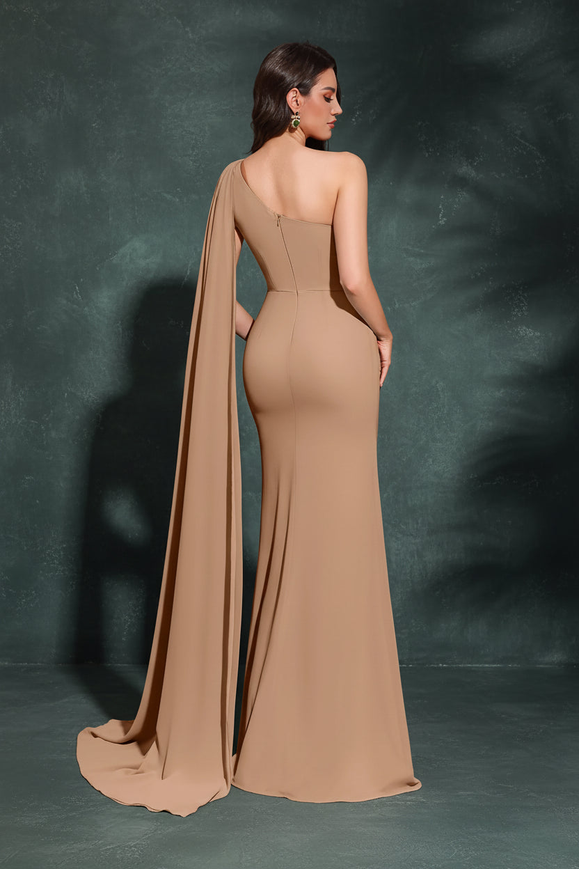 One-shoulder Long Ribbon Hip-hugging Chiffon Dress