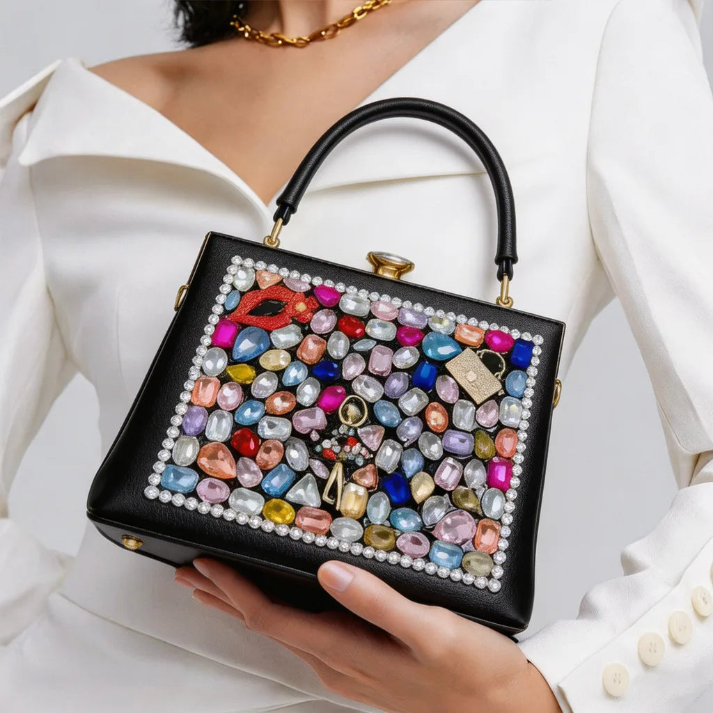 Diamond Embellished Vegan Leather Crossbody Handbag
