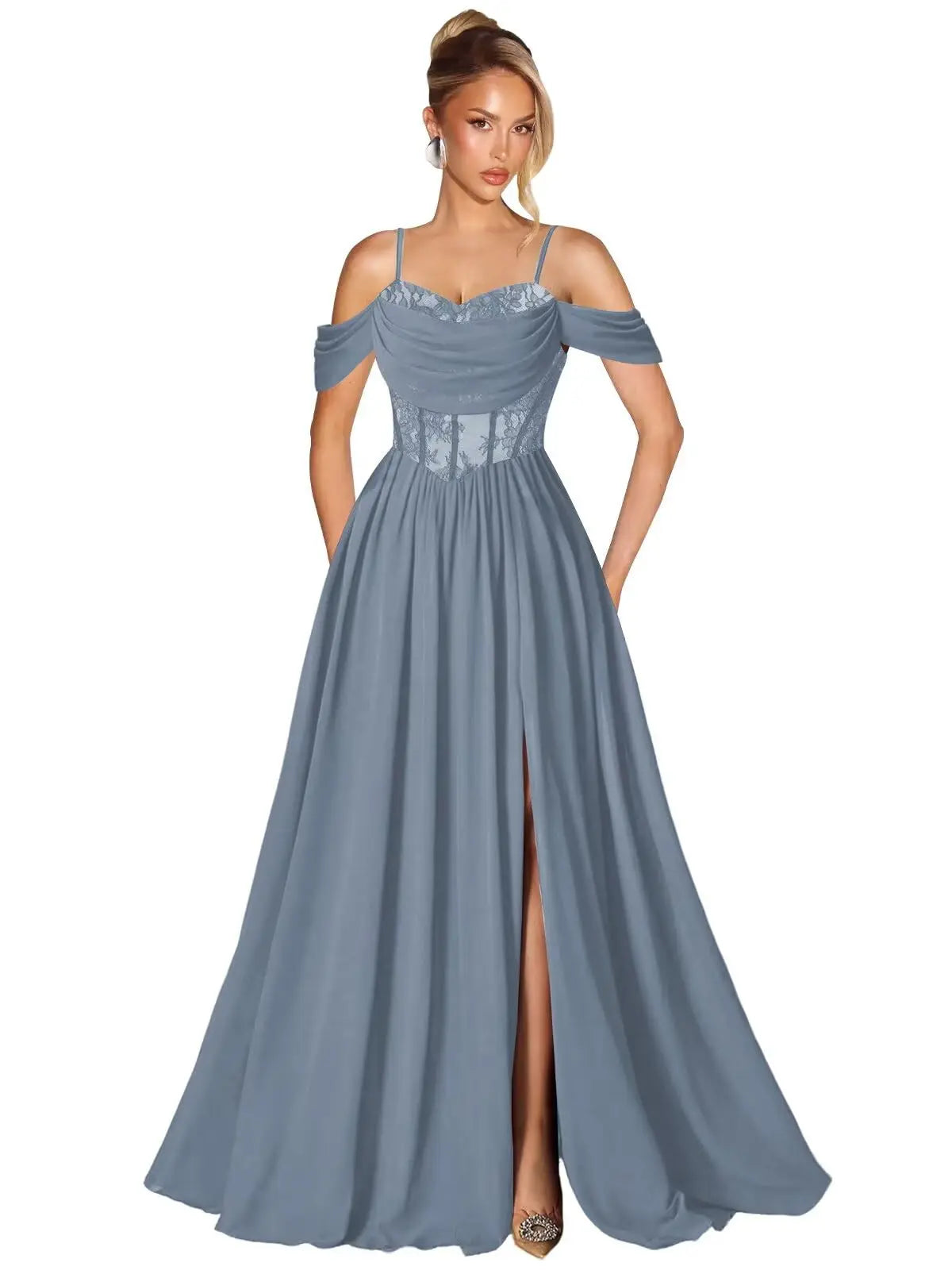Off Shoulder Lace Applique Prom Dress