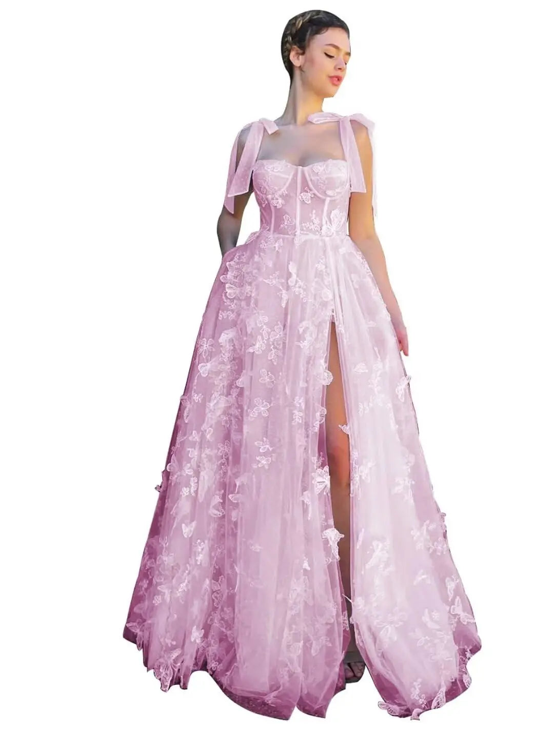 3D Butterfly Tulle Corset Prom Dresses for Teens Formal Fairy Ball Gowns Spaghetti Straps Evening Gown with Slit Party Dresses