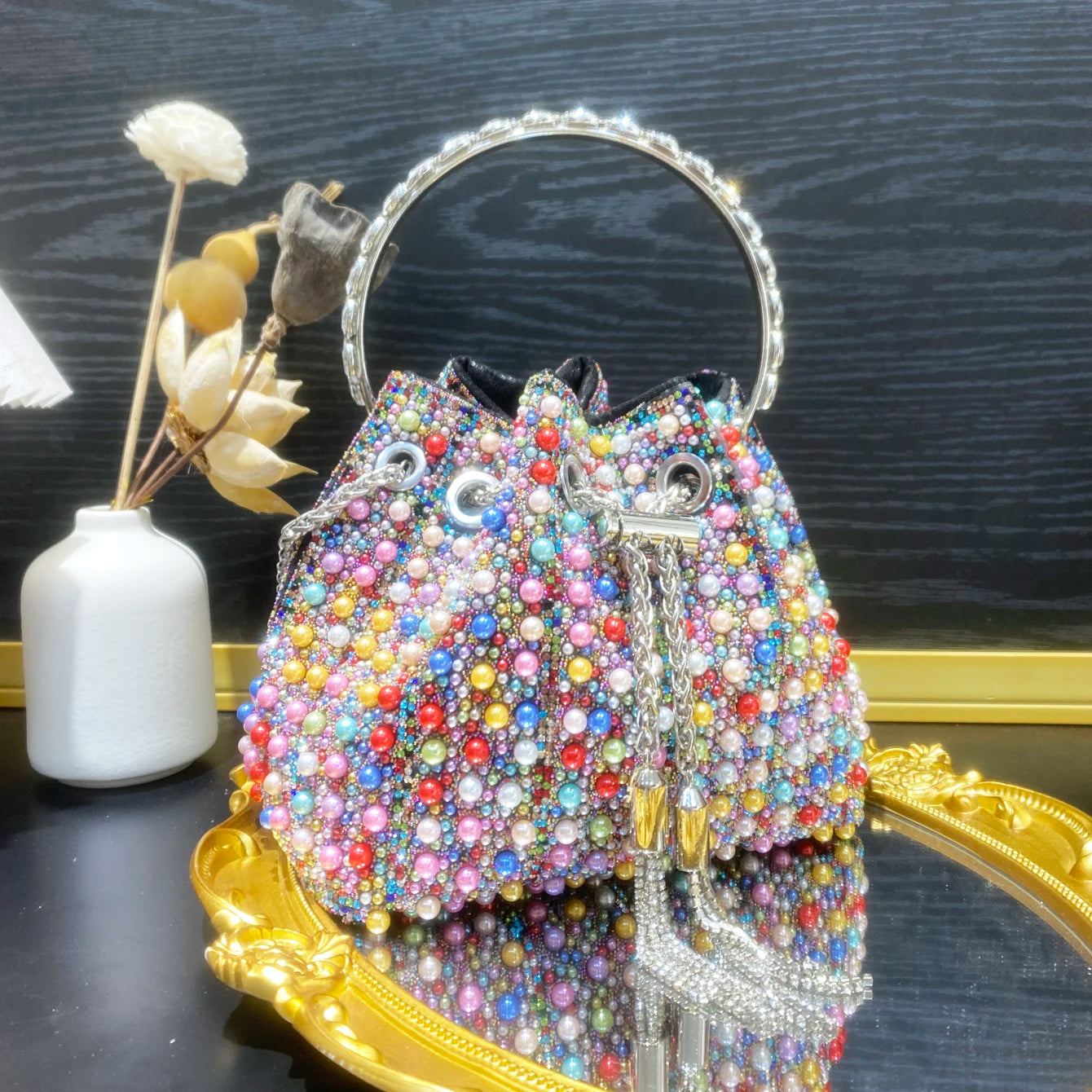 Multicolor Rhinestone Pearl Bucket Bag  luxury bags designers Ring Handle Drawstring Handle Evening Clutch For Wedding Party