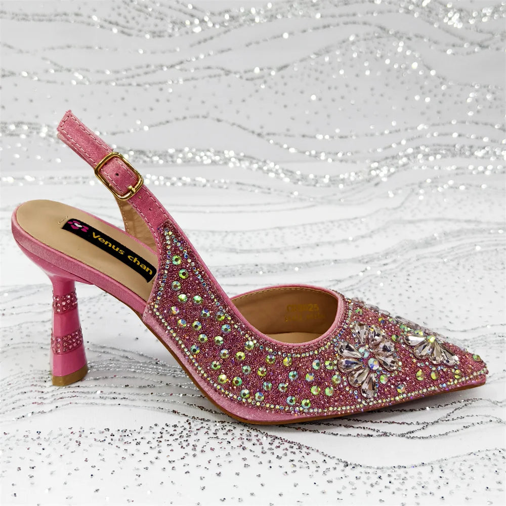 Gold Pointed Toe Rhinestone Heels & Bag Set, Sparkly