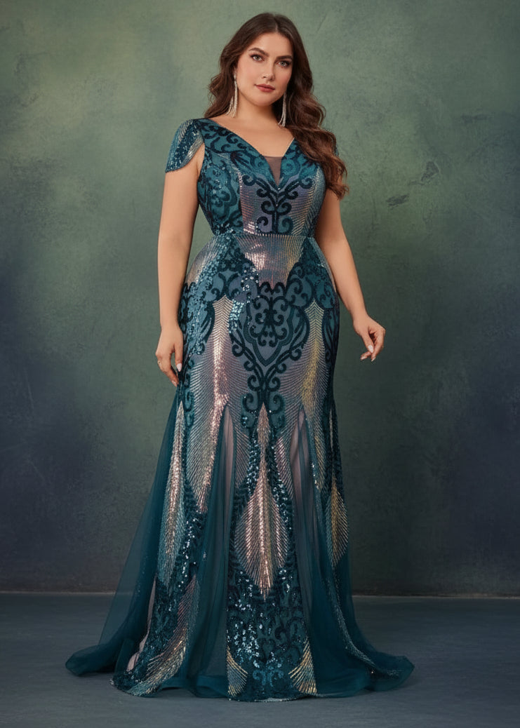 Plus Size Luxurious Short Sleeve Sequin Formal Evening Dress
