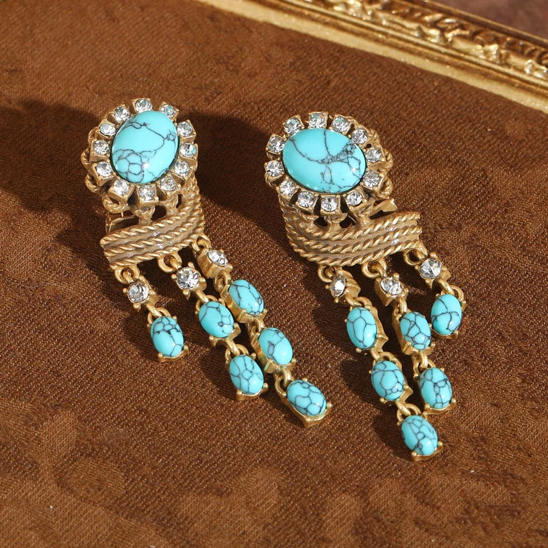Blue Natural Stone Vintage Turquoise Earring For Lady Egg Design Pendant Tassel Beads Jewelry Luxury Valentine's Day Retro Gift