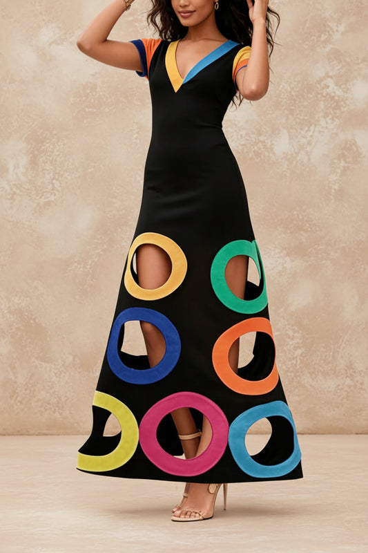 Colorful Circle Cutout Maxi Dress V Neck Short Sleeve