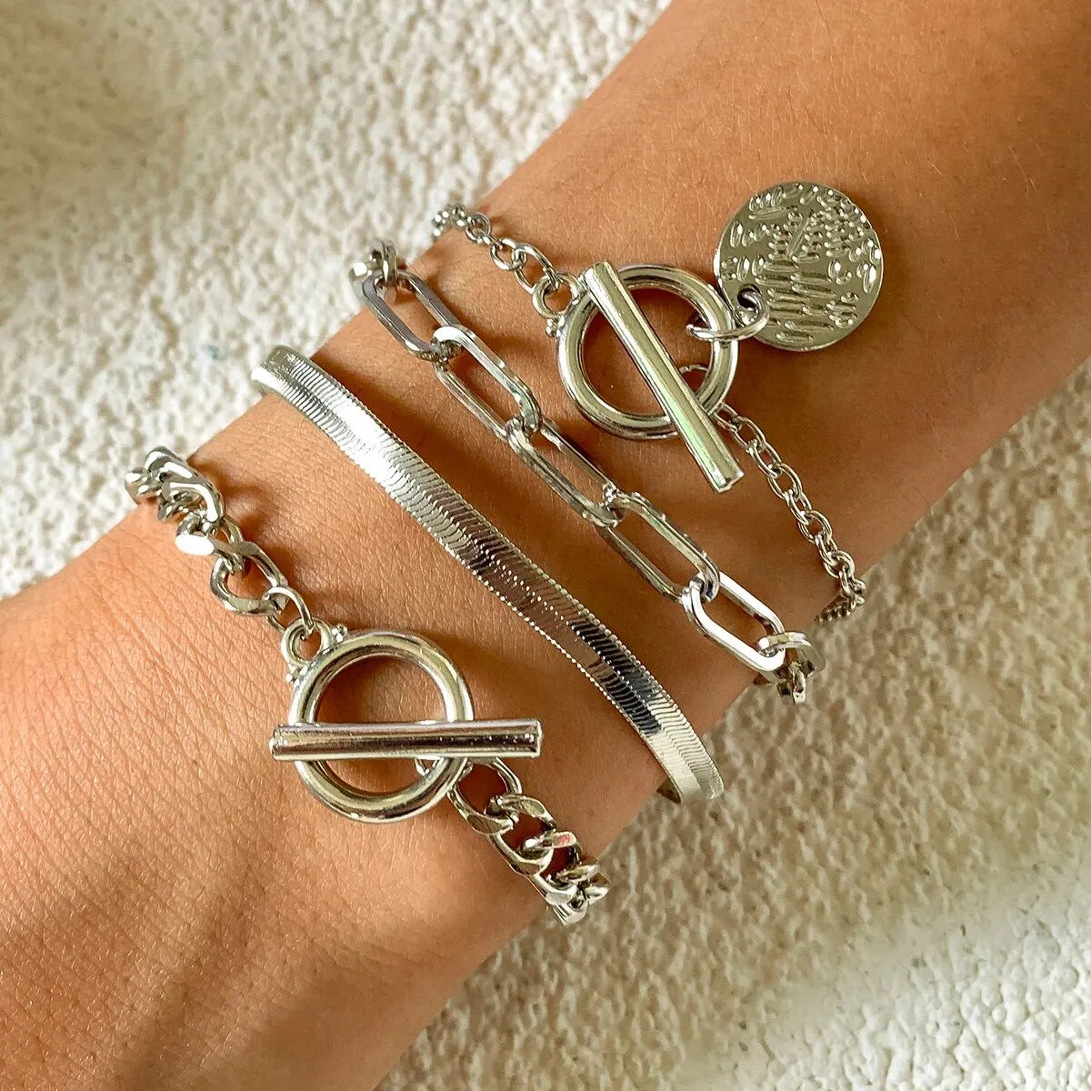 Punk Cuban Link Chain Coin Pendant Bracelet on Hand