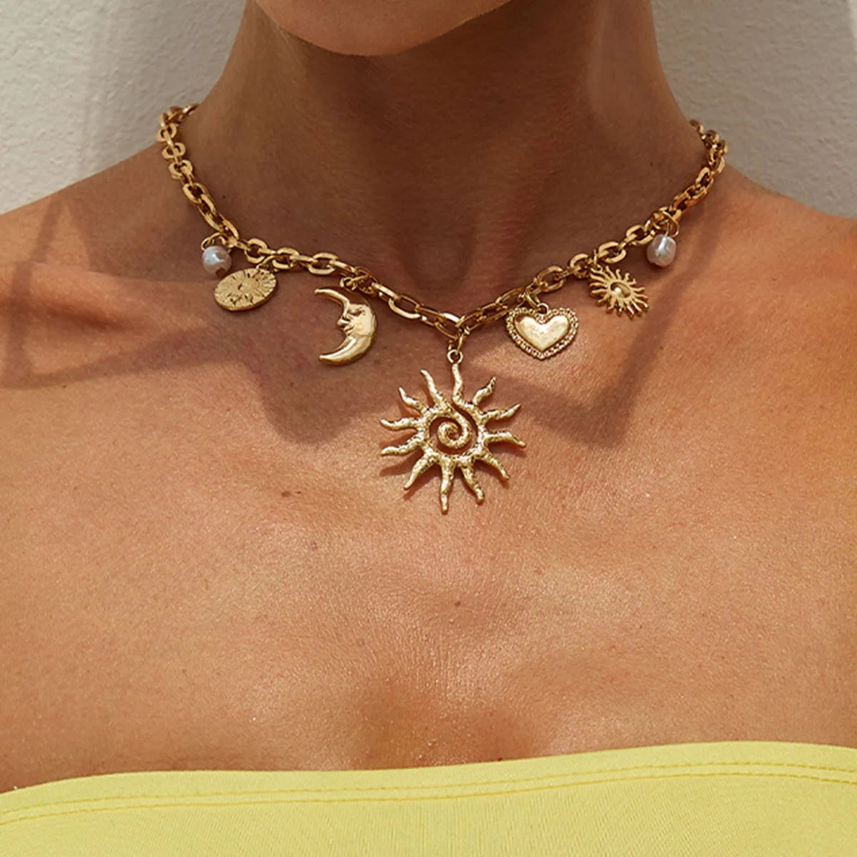 Heart Sun Moon Pendant Necklace