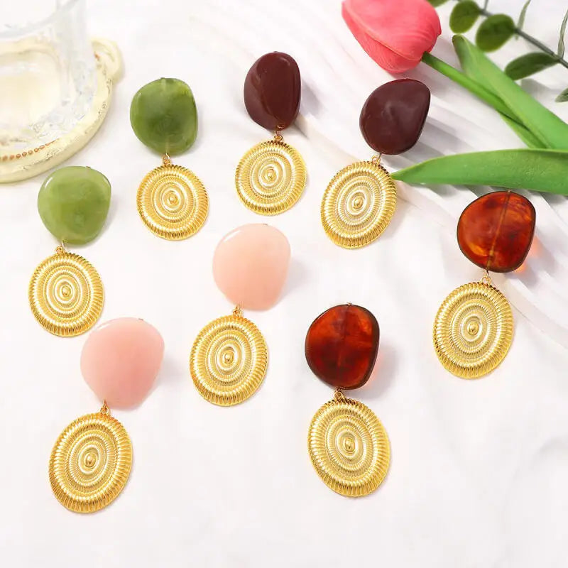 Irregular Geometric Resin Pendant Earrings for Women Ladies Temperament Vintage Metal Shell Drop Earrings Jewelry Accessories