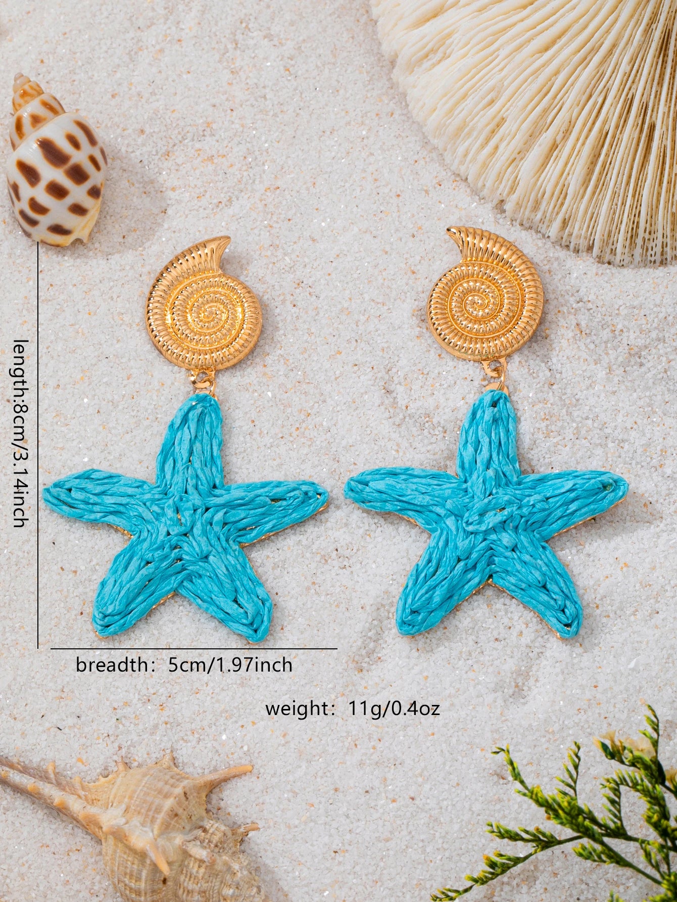 Golden Spiral Conch Blue Raffia Woven Starfish Dangle Earrings for Women Bohemian Summer Beach Seaside Vacation Ocean Style Exaggerated Earrings