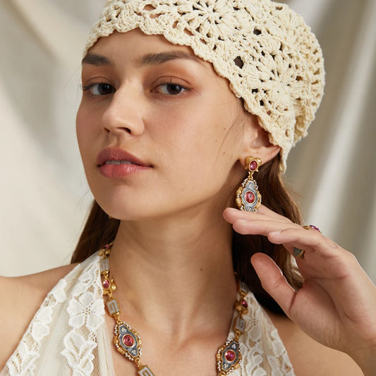 Vintage Crystal Pink Earrings For Wedding Luxury Natural Stone Drop Long Palace Woman Gold Color Jewelry Party Accessories 2025
