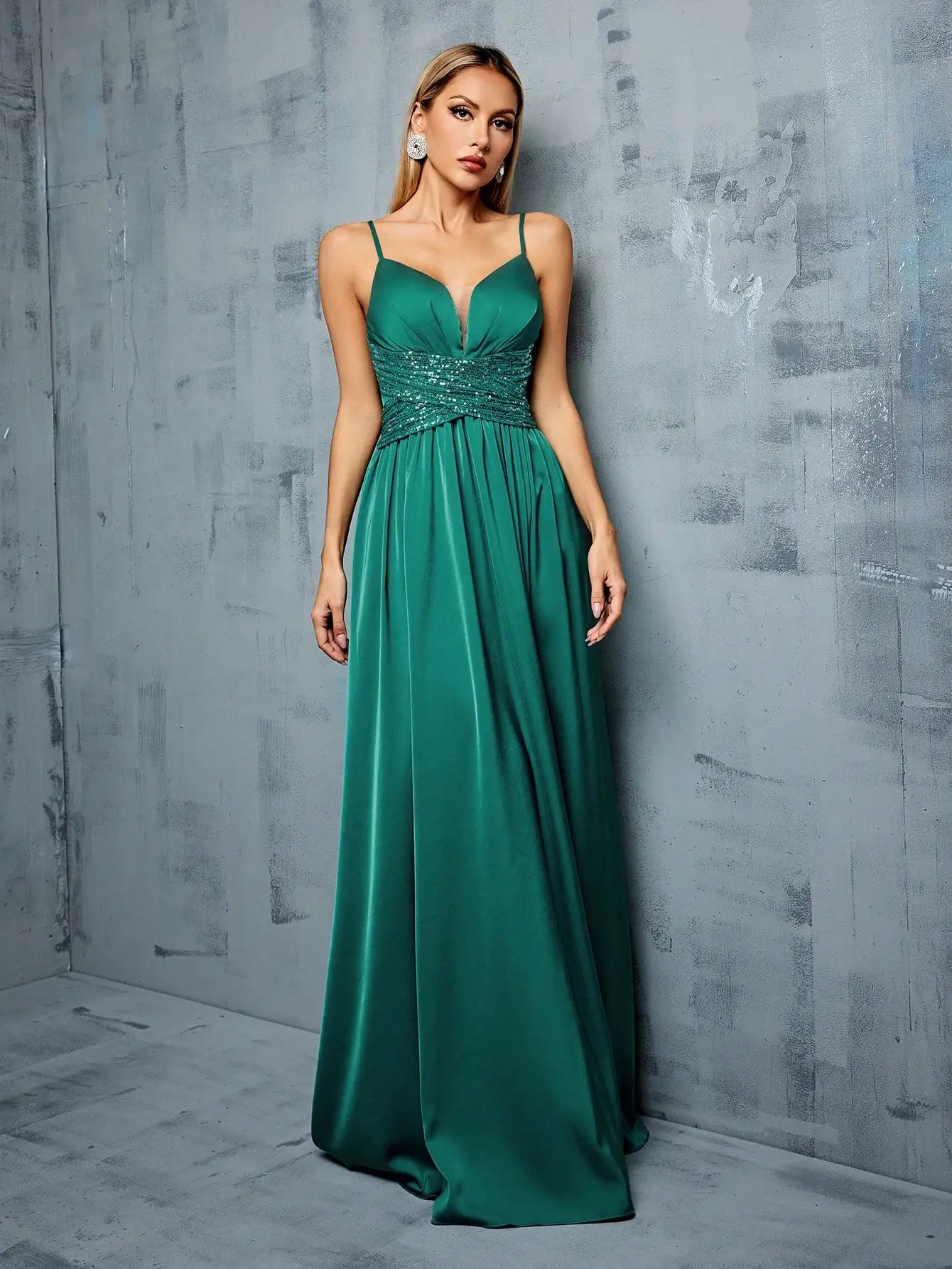 Deep V Sequin Slit Evening Gown