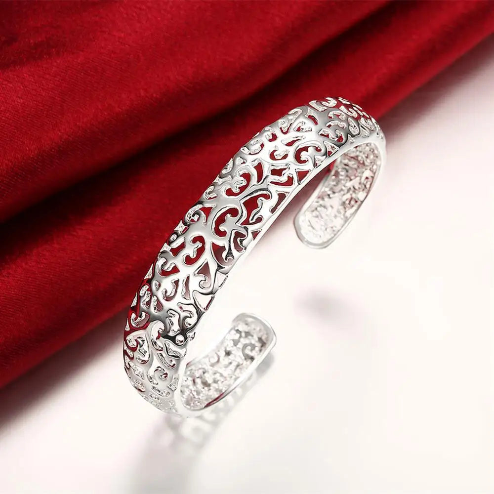 Fine 925 Sterling Silver Hollow Pattern Bangles Bracelets Adjustable