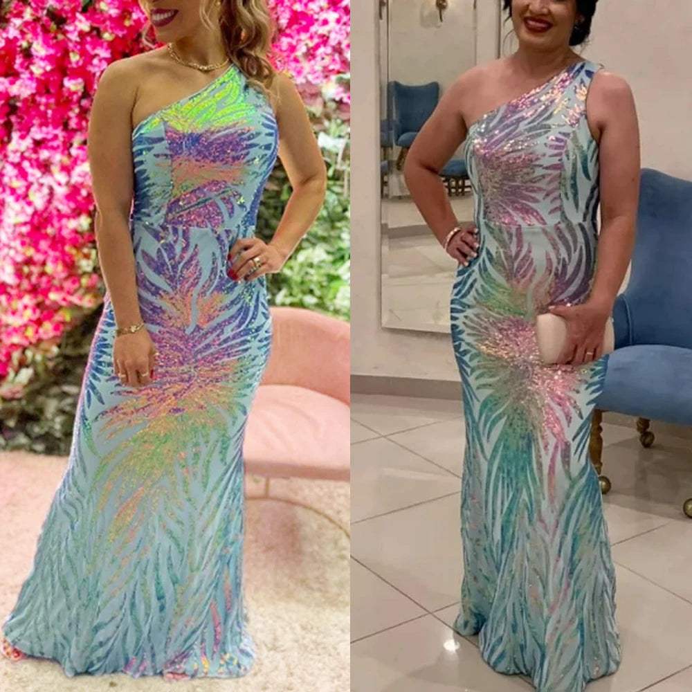 One Shoulder Sequin Maxi Evening Dress