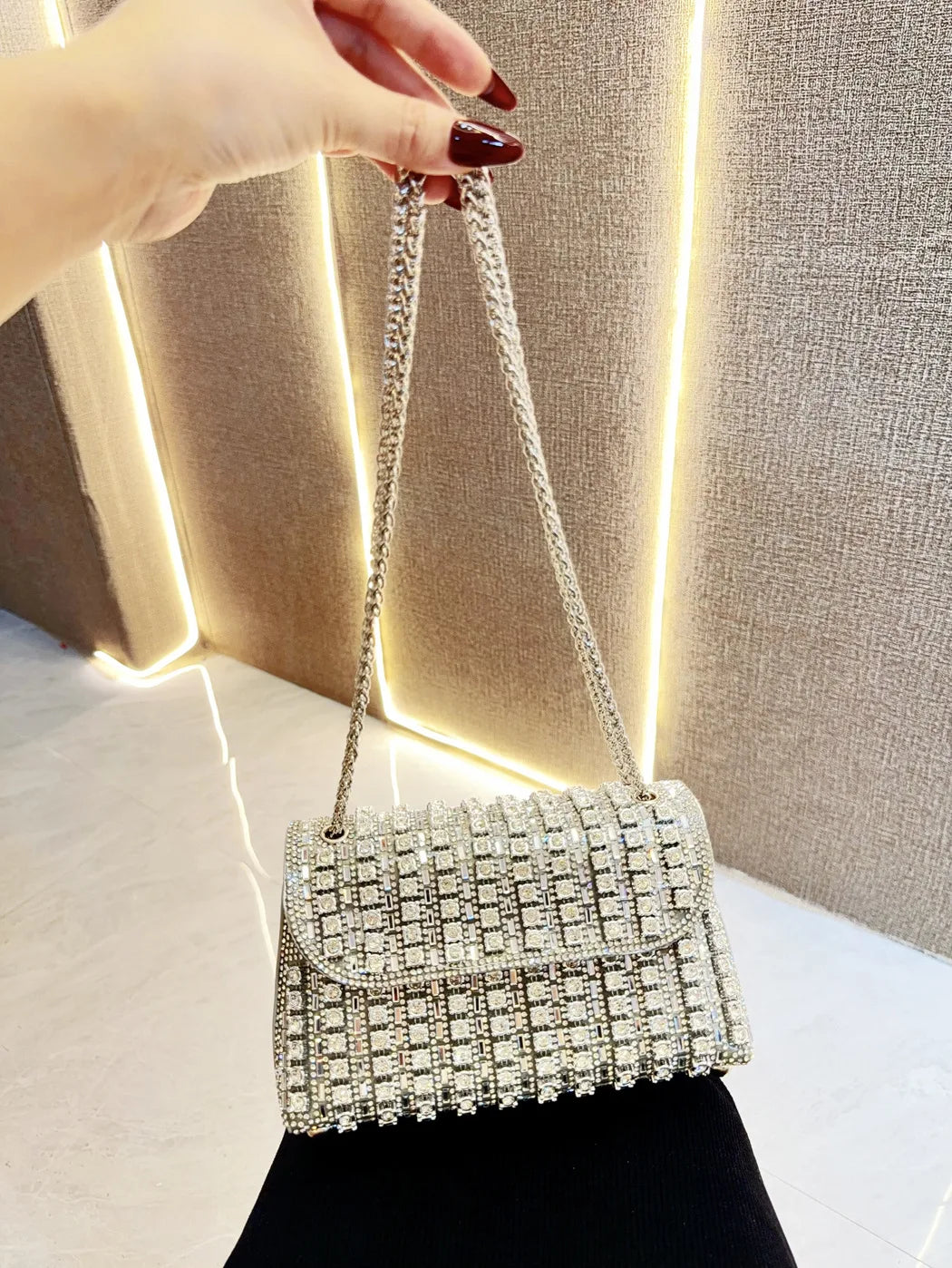 Full Rhinestone Evening Clutch Bag Luxury Leather Chain Handbag