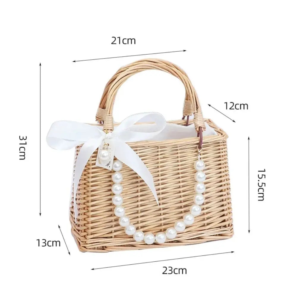 Handwoven Straw Tote Bag with Pearl Handle