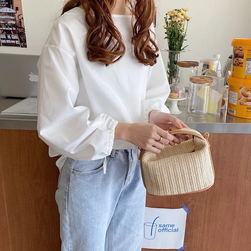 Summer Small Straw Handbag Shoulder Bag Woven Bucket Crossbody