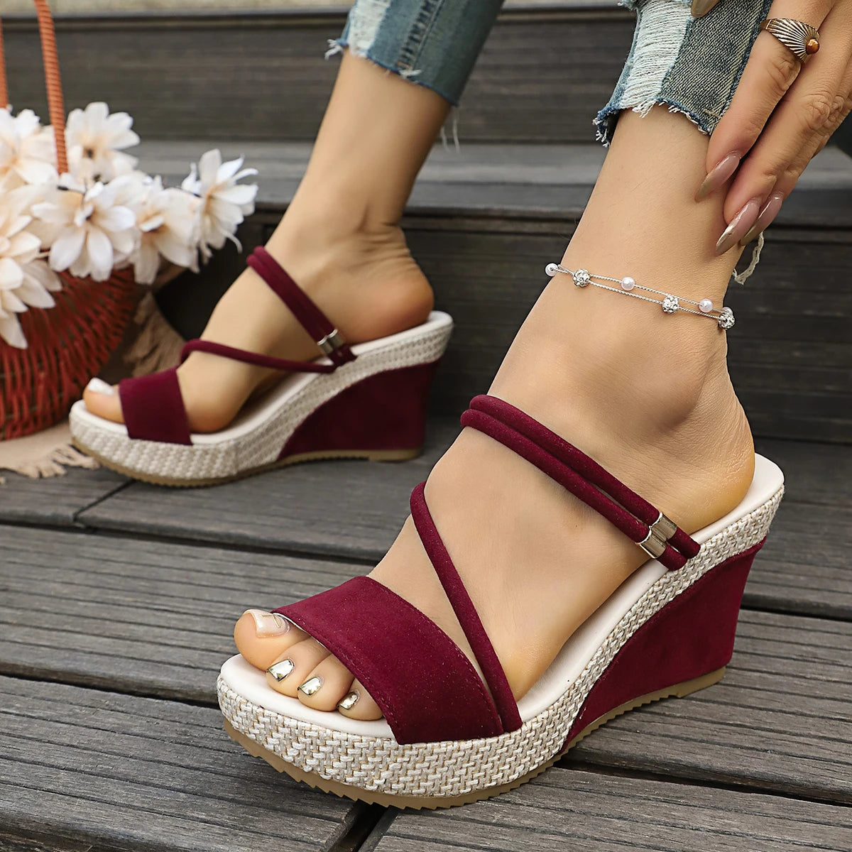 Leather Summer Wedge Female Large Size Mid-heeled Platform Black Comfortable Retro Sandals