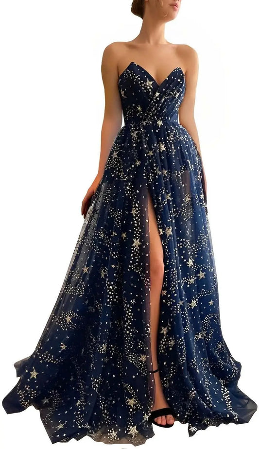 V Neck Women's Sparkle Starry Tulle Prom Dresses Strapless Slit Formal Evening Party Gowns Formal Dress Women Elegant
