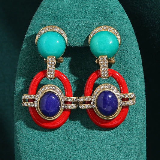 Vintage Natural Stone Oval Drop Earrings