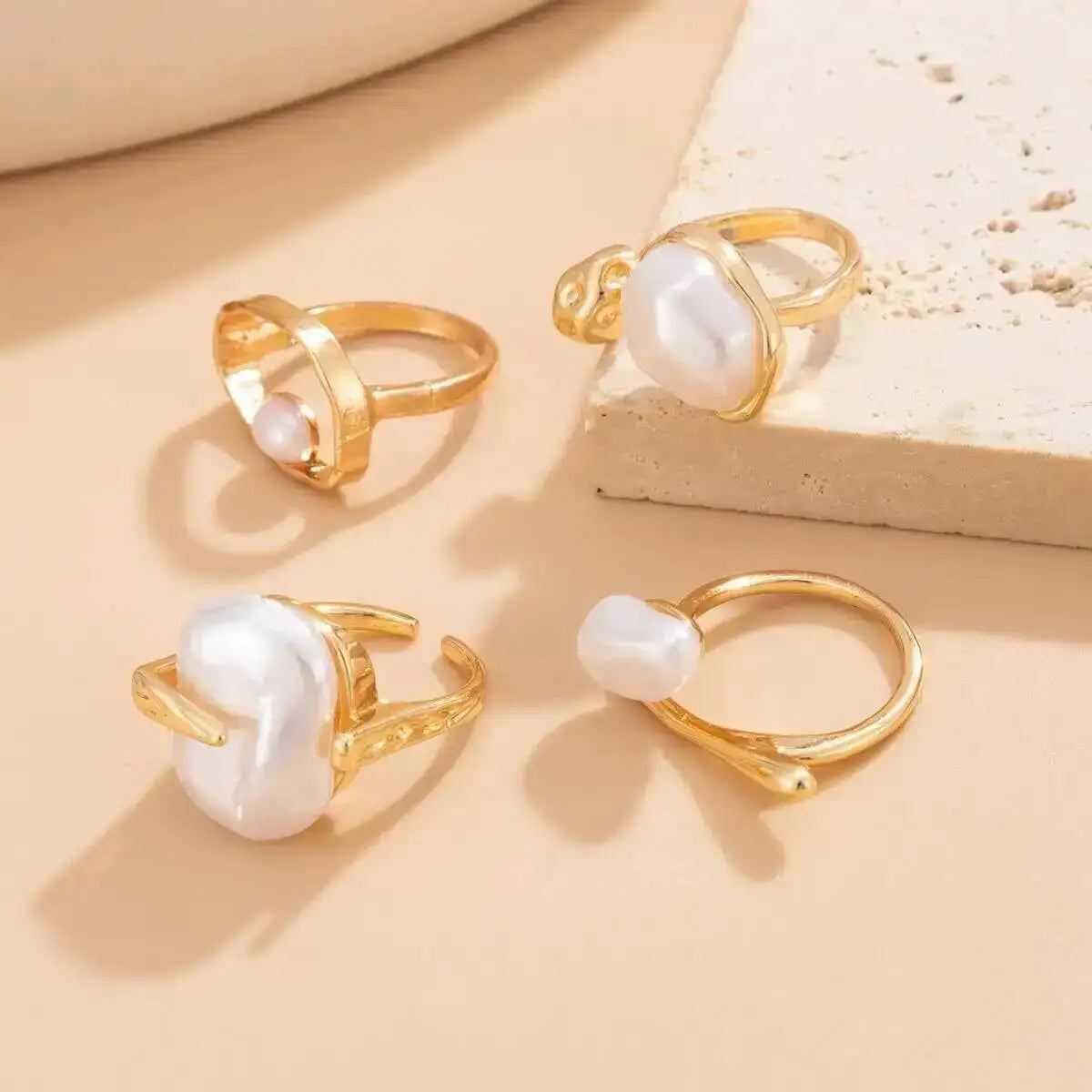 Baroque Imitation Pearl Open Rings Set Elegant Irregular Gold