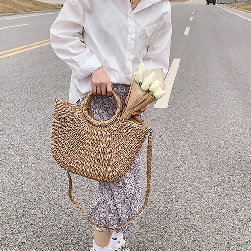 Handwoven Straw Beach Tote Bag