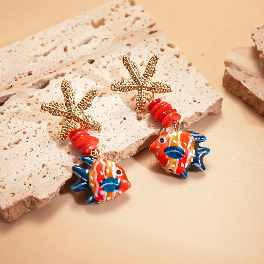 Colorful Ceramic Fish Drop Earrings Starfish Stone Beaded Earrings