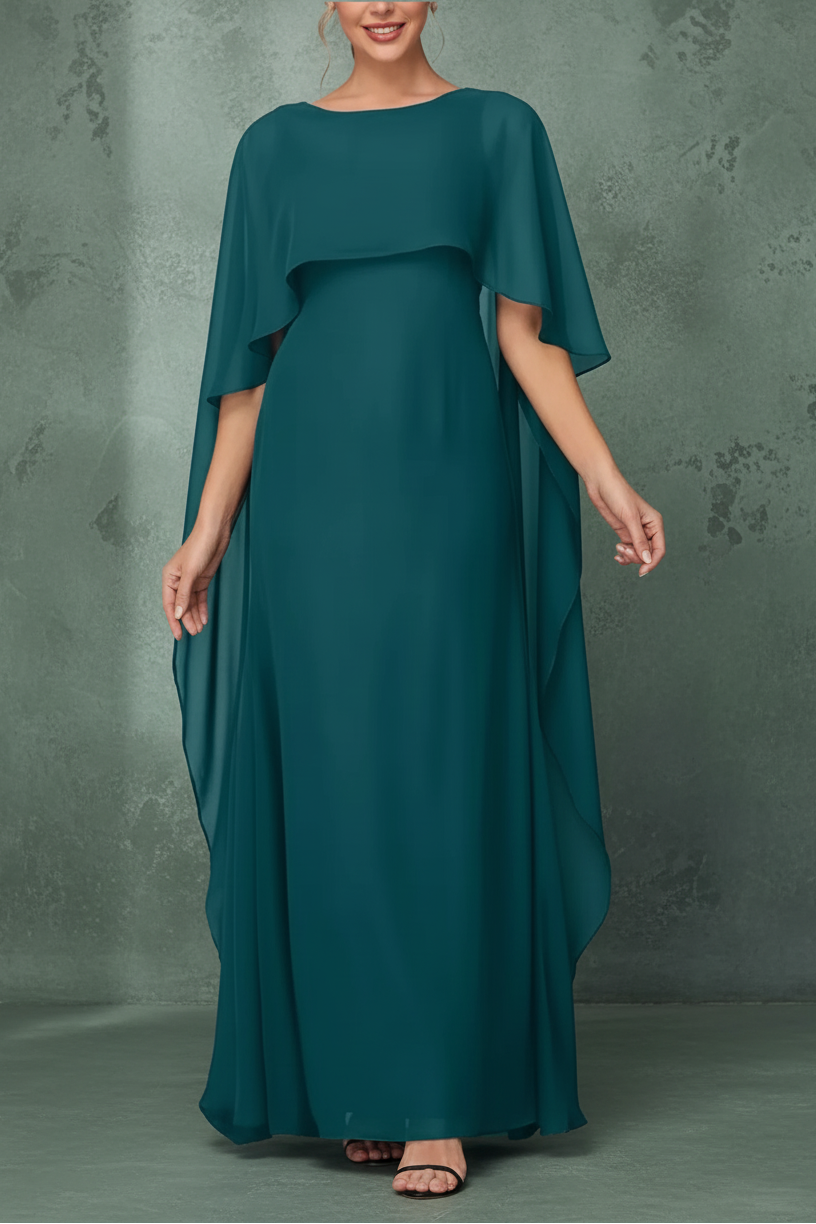 Women's Formal Dress Short Sleeves Scoop Neck Evening Dress Floor Length Chiffon Mother Of The Bride Dresses With Cap